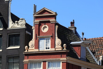Amsterdam Singel Canal House Facade with Neck Gable Close Up, Netherlands