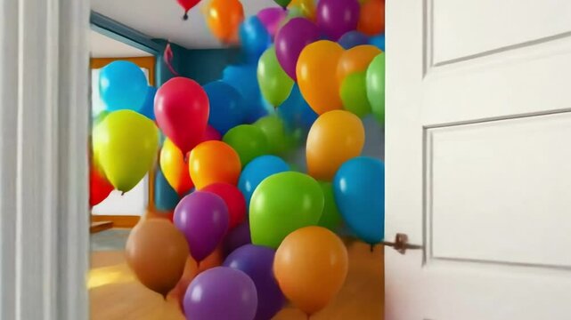Opened door leading into a room filled with colorful balloons. Birthday surprise April Fool's Day prank