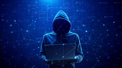 Abstract polygonal hacker with laptop on technology dark background. Cyber-attack and cyber security concepts. Computer hacking. Digital technology. Man in hoodie. 3D low poly illustration