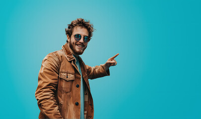 Man posing for the camera pointing with the finger on a blue background - copy space