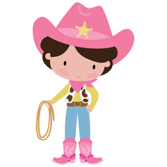 Cute cowgirl with lasso vector cartoon illustration