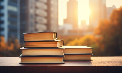 Books Stacked in Front of a City Skyline at Sunset