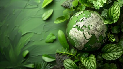 A green globe surrounded by lush foliage, representing environmentalism and sustainability.