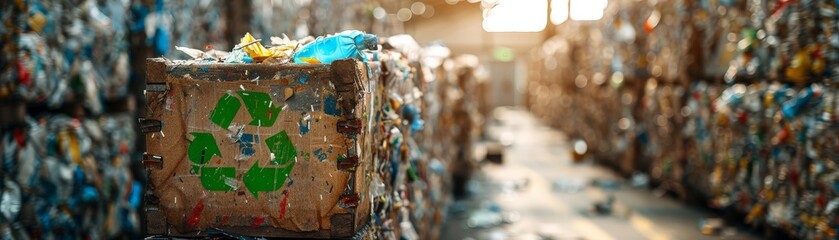 Promoting Waste Segregation: Compressed Cube with Recycling Symbol in Industrial Recycling Facility