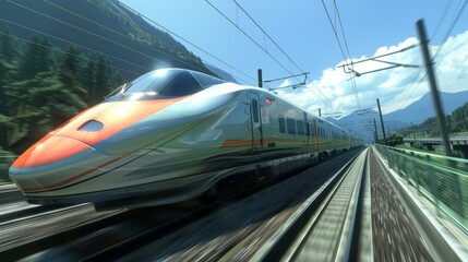 Fototapeta premium A sleek, high-speed train speeds through a mountain pass, its silver and orange paint shimmering in the sun.