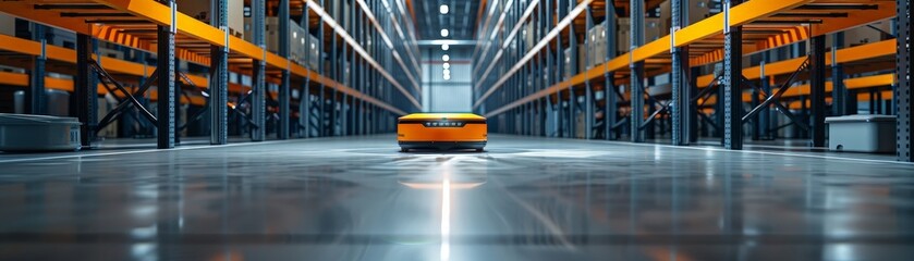 Fototapeta premium Futuristic Autonomous Mobile Robot in Warehouse Corridors Revolutionizing Logistics