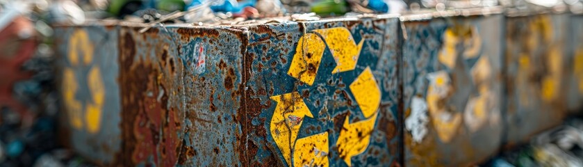 Fototapeta premium Eco-Friendly Concept: Recycling Symbol on Compressed Waste Cube in Industrial Plant Signifying Importance of Recycling