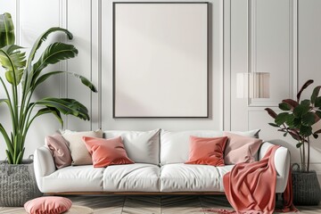 Mockup of a frame featuring ISO A paper size, perfect for showcasing living room wall posters. Displayed against a contemporary house interior backdrop, highlighting modern interior design elements.