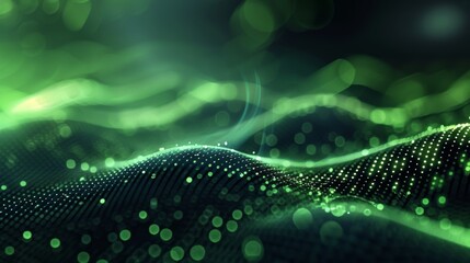 Abstract green digital wave with glowing particles.  Perfect for technology, science, and futuristic backgrounds.