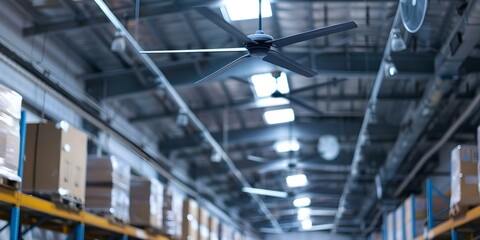 Ceiling fans in warehouse or factory ventilate and eliminate odors. Concept Ventilation, Odor elimination, Warehouse cooling, Industrial fans, Factory air circulation