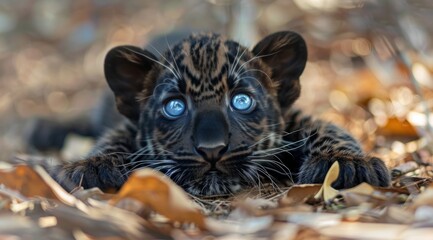 Black Panther Cub With Striking Blue Eyes in a Lush Forest