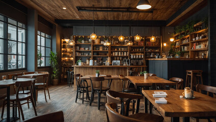 cozy cafe background with wooden tables 