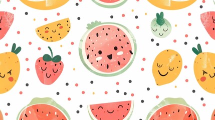 Cute fruit pattern with watermelon, lemon, strawberry and orange. Perfect for summer designs, backgrounds and textiles.