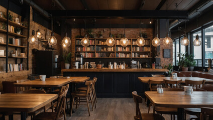 Obraz premium cozy cafe background with wooden tables 