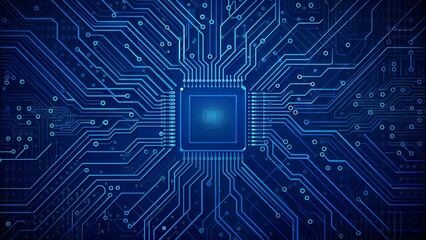 Abstract AI circuit board background. Technology connected blue lines with electronics elements on tech bg. Computer motherboard with a chip, processor, and semiconductor. 