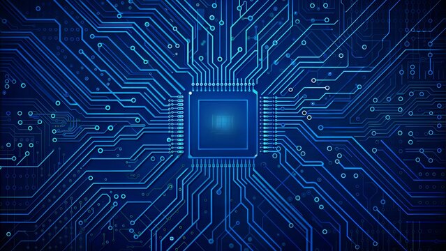 Abstract AI circuit board background. Technology connected blue lines with electronics elements on tech bg. Computer motherboard with a chip, processor, and semiconductor. 