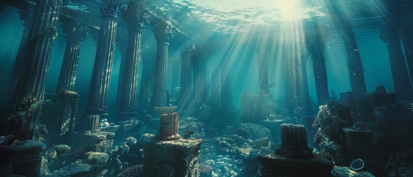 Sunbeams pierce through the water, illuminating a submerged temple.