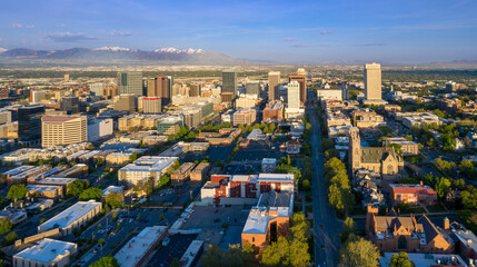 Downtown cityscape of Salt Lake City at sunrise, Utah, United States of America.