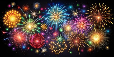 Vibrant starburst of colorful fireworks exploding in silhouette against a dark night sky, with sparkling trails and festive icons, isolated on a white background.