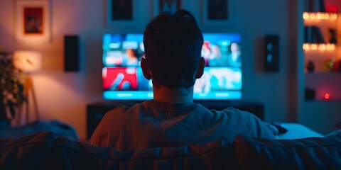 Fototapeta premium Selecting TV Shows for Home Evening Entertainment. Concept TV Shows, Home Entertainment, Leisure Activities, Television, Relaxation