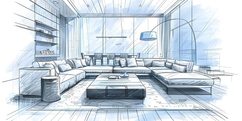 Hand-drawn sketch of a living room layout featuring couches and tables. Concept Living Room Layout, Hand-drawn Sketch, Couches, Tables