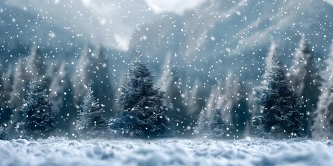 Winter Wonderland Snowfall in Forest with Snow-Covered Fir Trees and Mountains - Merry Christmas Background. Concept Winter Photoshoot, Snowy Landscape, Christmas Vibes, Nature Photography