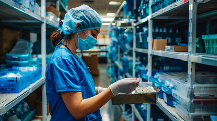 Healthcare Professional Organizing Medical Supplies. A healthcare professional in blue uniform and mask organizes medical supplies in storage room, ensuring availability management of essential items.