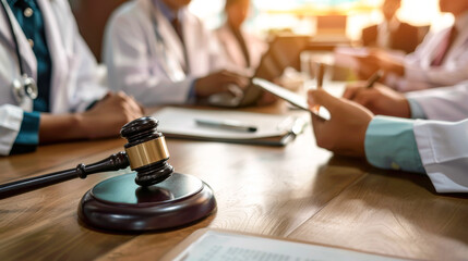 Medical Team in Conference Room with Gavel. A group of medical professionals in a conference room, engaged in discussion with a focus on a gavel, symbolizing medical law and ethics.