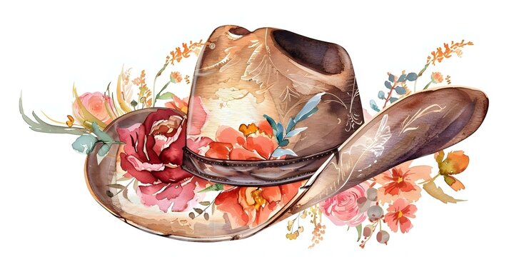 Watercolor cowgirl hat clipart with floral design perfect for western themes. Concept Clipart Design, Watercolor Illustration, Cowgirl Hat, Floral Pattern, Western Theme