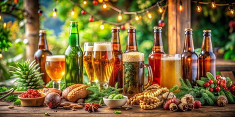 Vibrant arrangements of assorted beer bottles and glasses from around the world adorn a rustic wooden table, surrounded by lush greenery and festive decorations.
