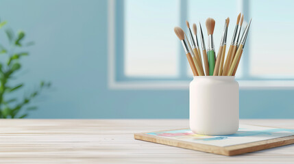 Obraz premium A bright and airy studio with paint brushes in a white container on a wooden desk. Creative workspace focused on artistic tools and natural light.