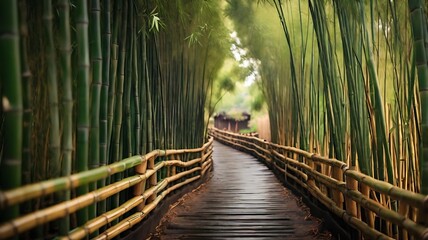 Obraz premium The pathway of miniature kyoto forest at summertime. A path with dense bamboo groves on both sides