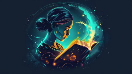 Stylized illustration of a woman profiled to the left, with her hair pulled back into a bun. She is reading a large, open book that emits a vibrant glow and various abstract shapes, including orbs
