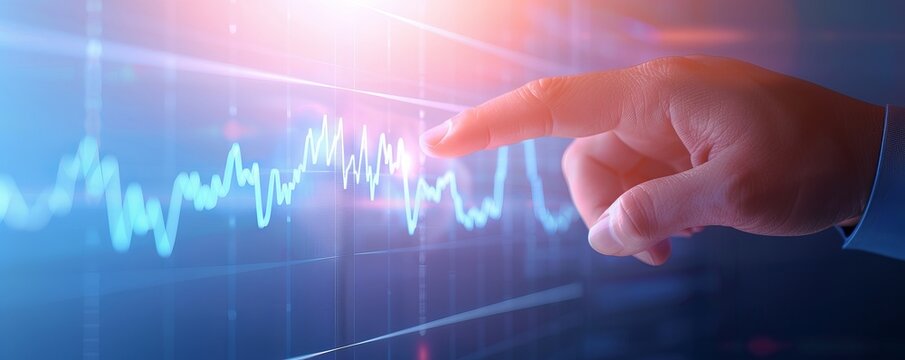 A hand pointing at a digital stock market graph on a screen. Business concept for data analysis, finance, and investment strategy.