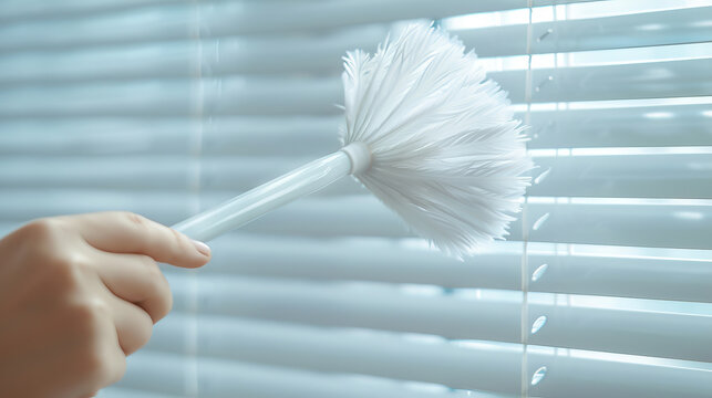 A hand using a soft white duster to clean white blinds, demonstrating home cleaning and dusting techniques for a spotless and tidy living space.