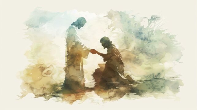 Biblical Illustration of Jesus Healing the Leper, Watercolor Style, Faith and Mercy, Beige Background, copyspace