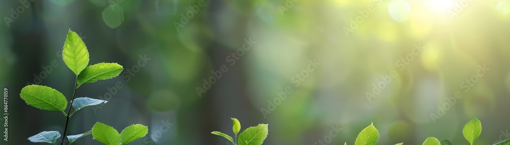 Poster green leaves in the garden, sunlight creating a blurred nature background with space for text