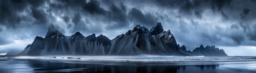 Iceland's Stokksnes black sand beach with Vestrahorn mountain in the background, featuring dark clouds and stormy weather