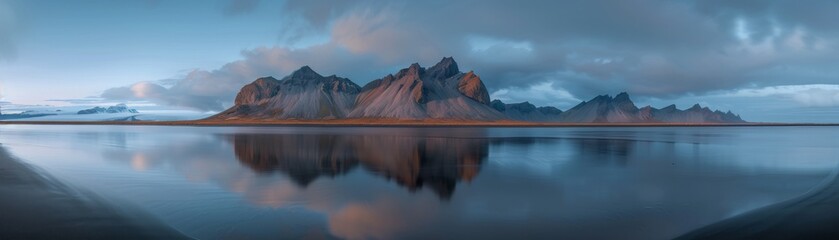 Panoramic view of Vestrahorn mountain in Iceland, with ground reflections, beautiful sky, clouds, and black sand beach