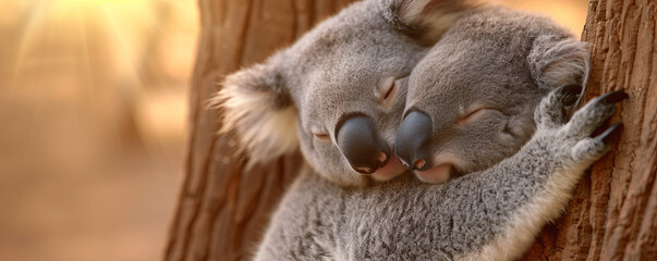 Obraz premium Adorable koalas cuddling on a tree branch during sunset, showcasing warmth, companionship, and natural beauty in Australian wildlife.