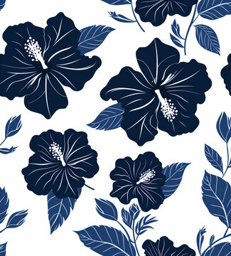 Motif floral d'hibiscus bleu sur fond blanc - vacances estival, tropical, 