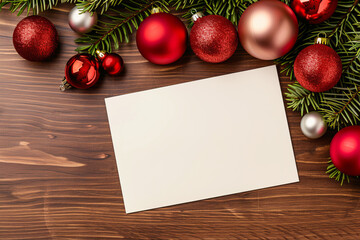 Obraz premium Blank white card on a wooden table decorated with festive red, silver, and gold Christmas ornaments and green pine branches.
