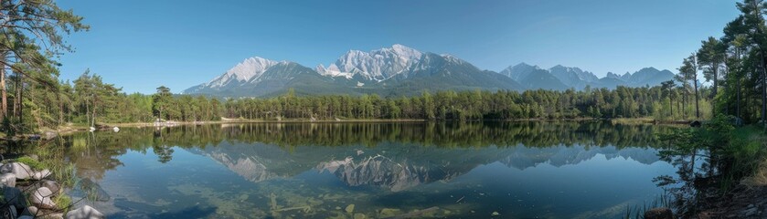 Naklejka premium Scenic panorama of mountain peak with lake reflection, forest backdrop, and clear blue sky
