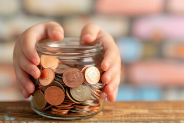 Child holding a glass jar filled with coins, emphasizing financial education and savings from a young age. Concept of savings and budgeting.