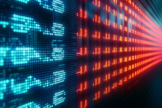 Bright LED stock market display screen with blue and red data symbols, ideal for finance, trading, and stock market visuals. - Powered by Adobe