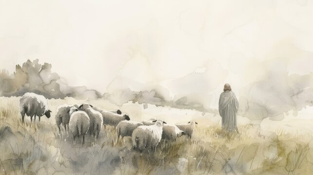 Biblical Illustration of Jesus as a Shepherd with a Flock of Sheep in a Serene Meadow, Faith and Care, Beige Background, copyspace