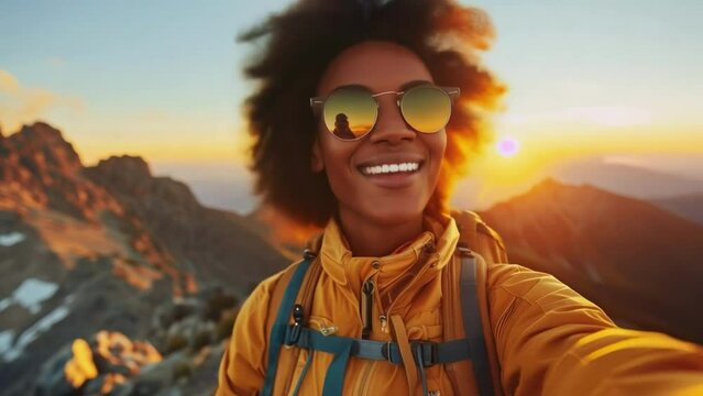 A black woman standing on the summit of a mountain and taking a selfie, smiling, and enjoying her achievements. Adventure, hiking. Perseverance, endurance, achievements