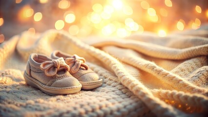 Soft focus blurry background with gentle warm light on a tender moment’s remnants: a vacant baby blanket and a pair of worn-out baby shoes.