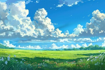 Anime style landscape of a green field with flowers, blue sky and white clouds, digital art, aesthetic
