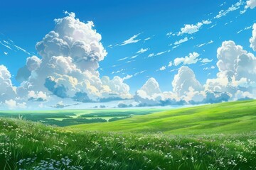 Beautiful landscape with green meadow, blue sky and white fluffy clouds. Concept of nature, peace, serenity, idyllic scenery, and outdoor tranquility.